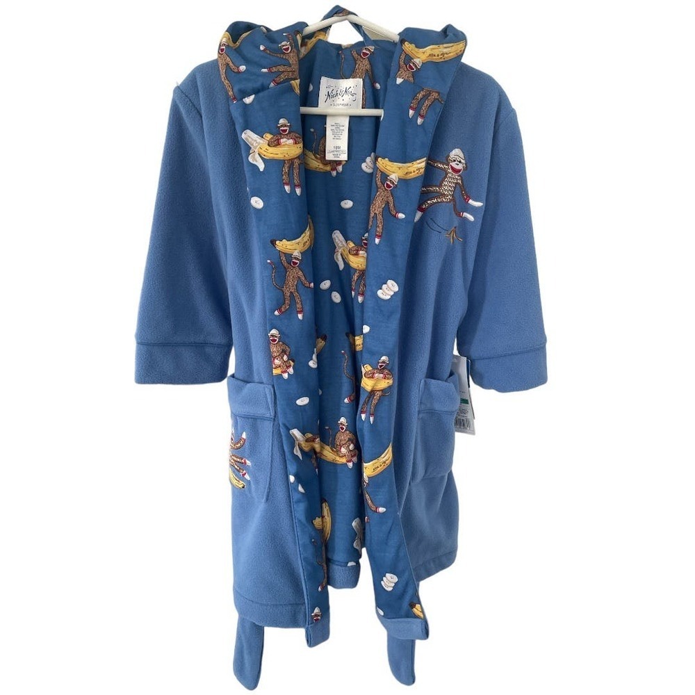 Nick & Nora Toddler Sock Monkey Banana Fleece Hooded Robe Blue Brown Size 18 M